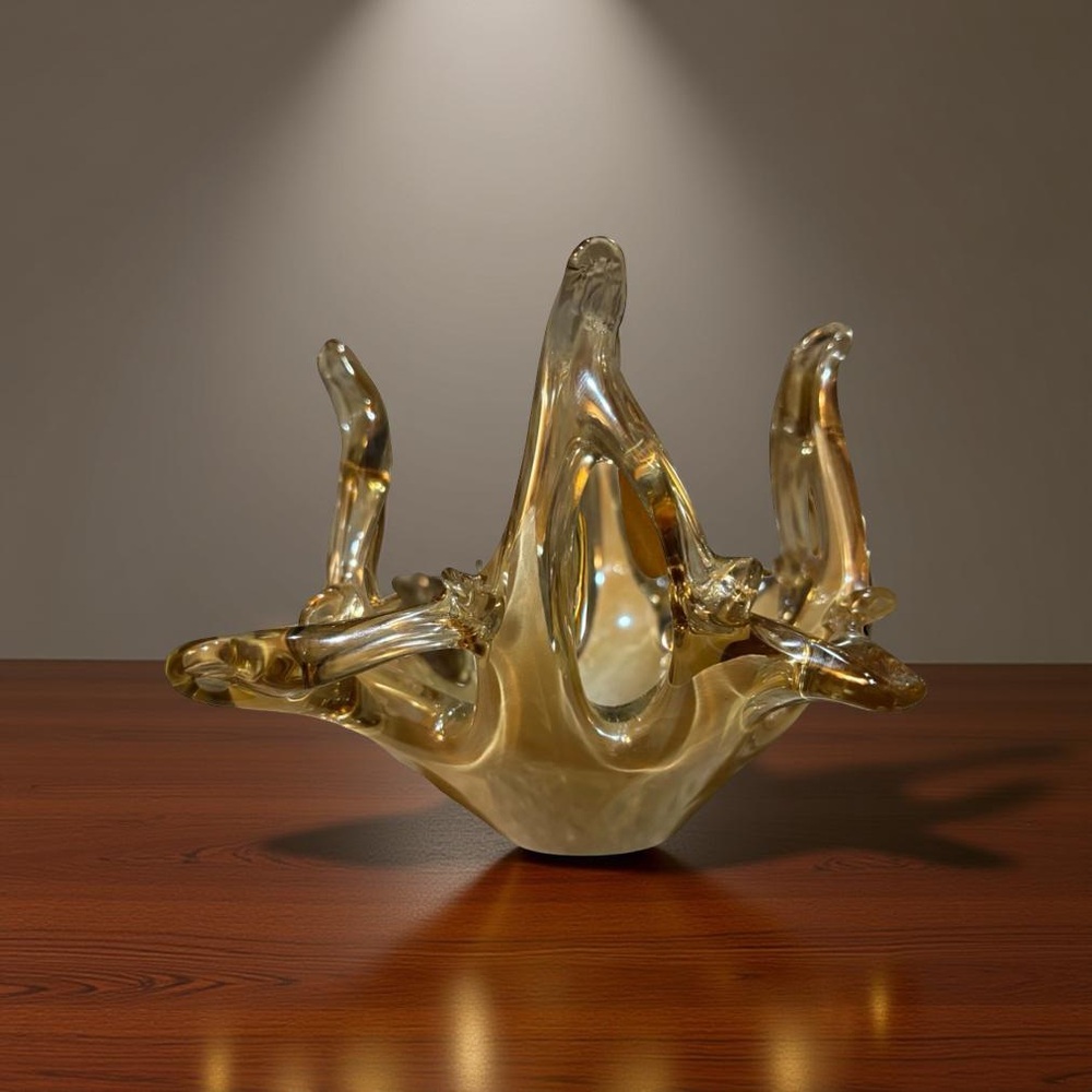 Vintage Lavorazione Arte Murano Gold Amber Glass 4-Point Console Bowl